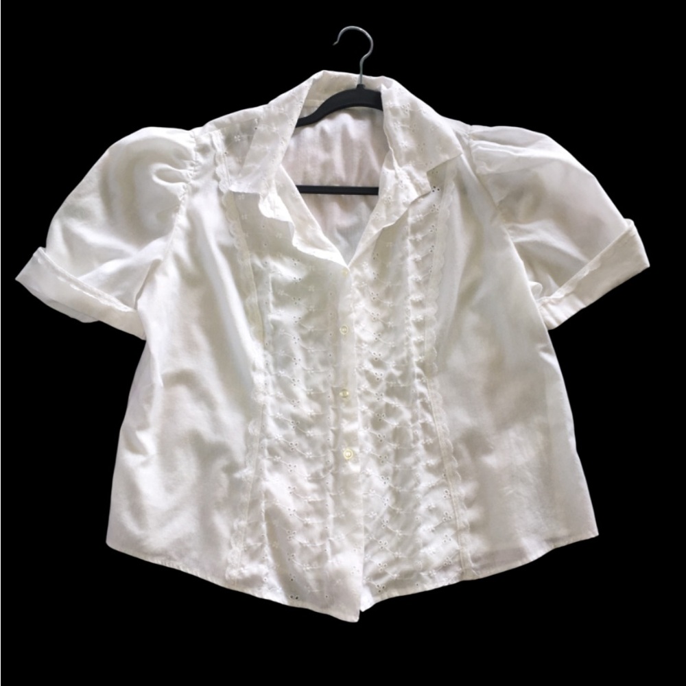 Vintage Cottagecore Blouse Prairie Top Eyelet White Lace Coquette Puff Sleeve XL